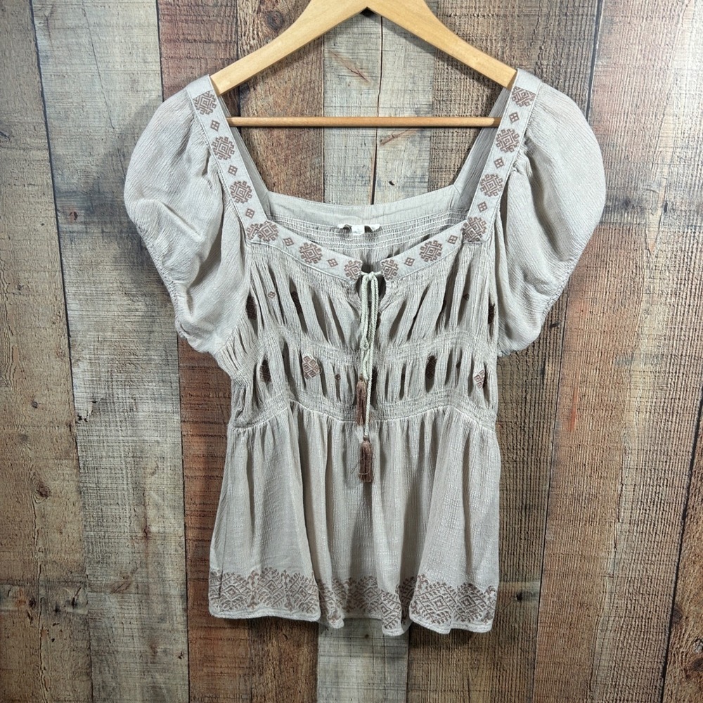 ODDI Boho Peasant Blouse Large Cream Embroidered Tassel Tie Cottagecore Top